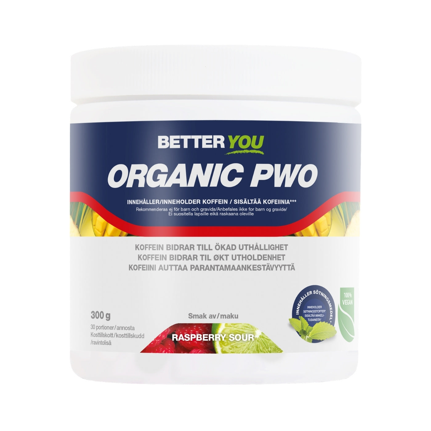 Better You PWO (Pre Workout) Bringebær Sur, 300 gram