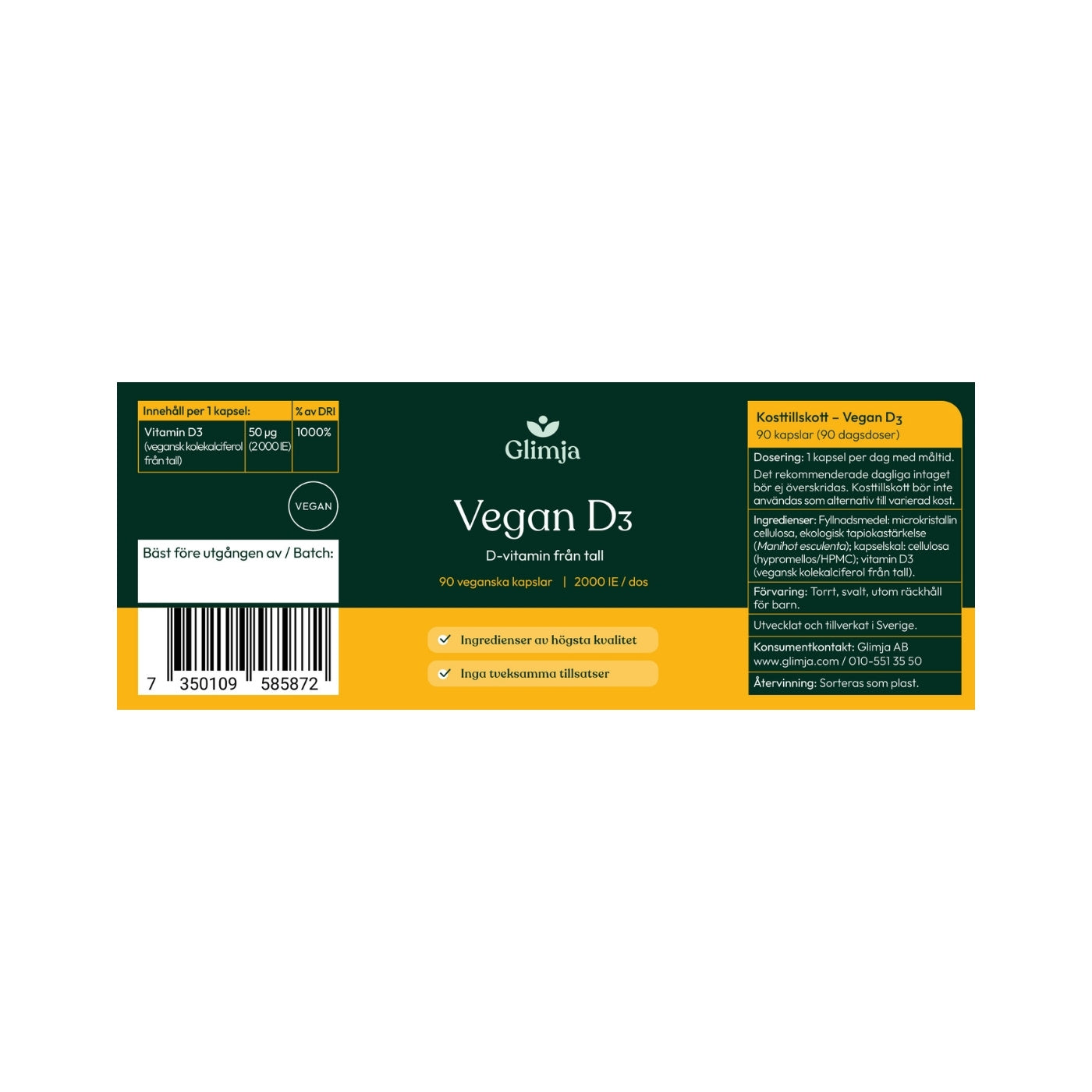 Vegan Vitamin D3 50 µg 2000 IU 90 capsules - Glimja