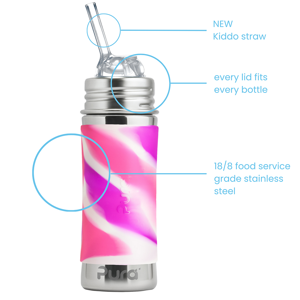 Pura - Kiddo Straw Bottle Stainless Steel with Silicone Sleeve 325 ml, Pink Swirl