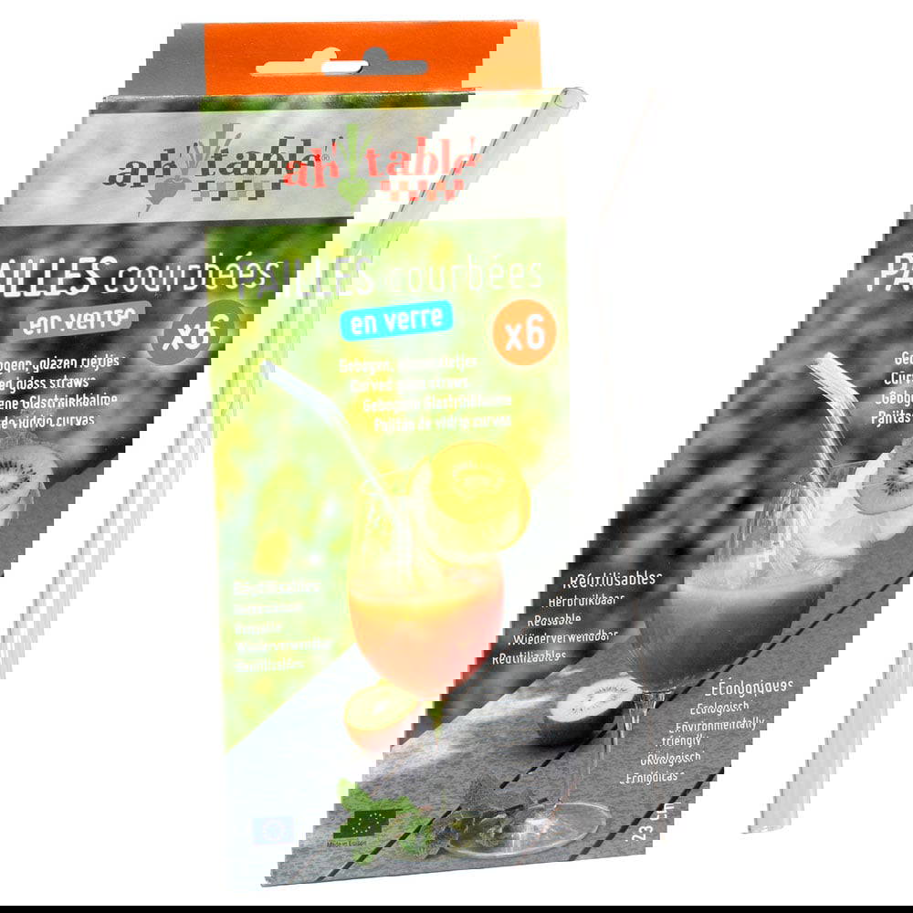 6 Bent Glass Straws + Cleaning Brush