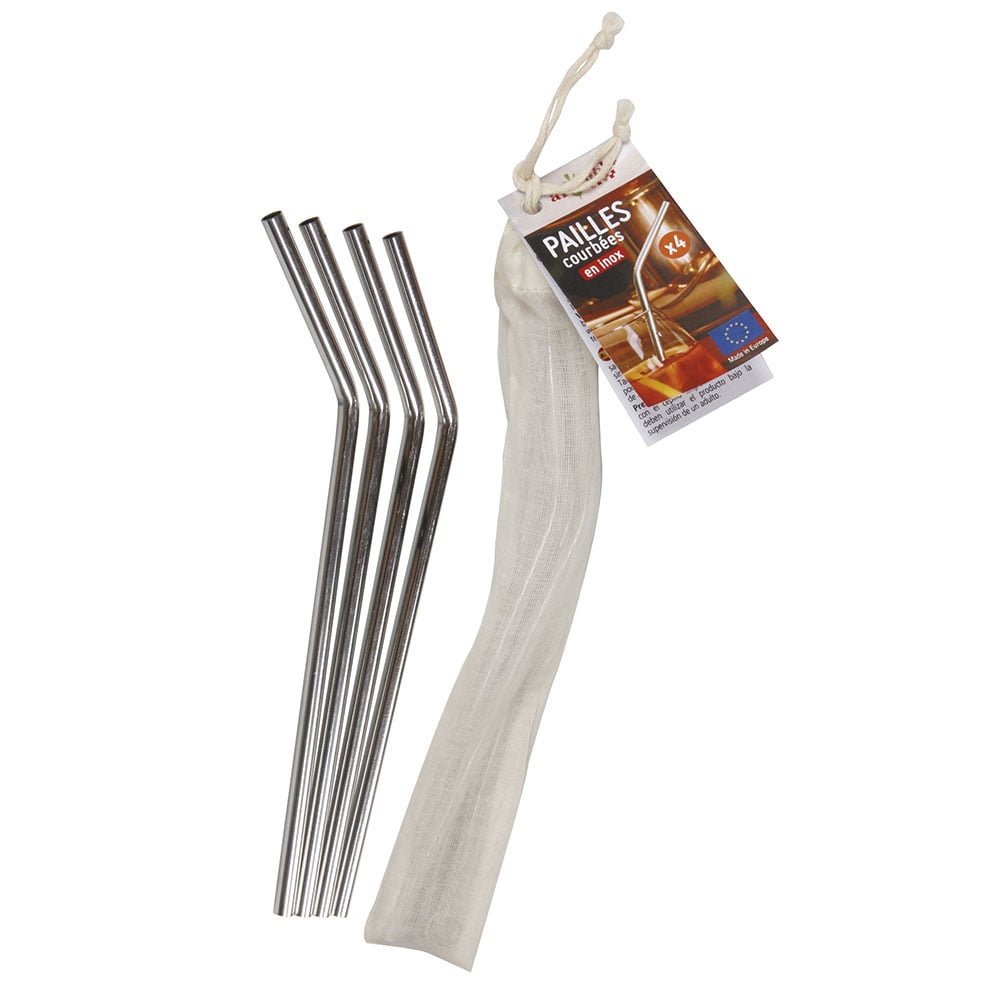 4 Bent Stainless Steel Straws + Cleaning Brush