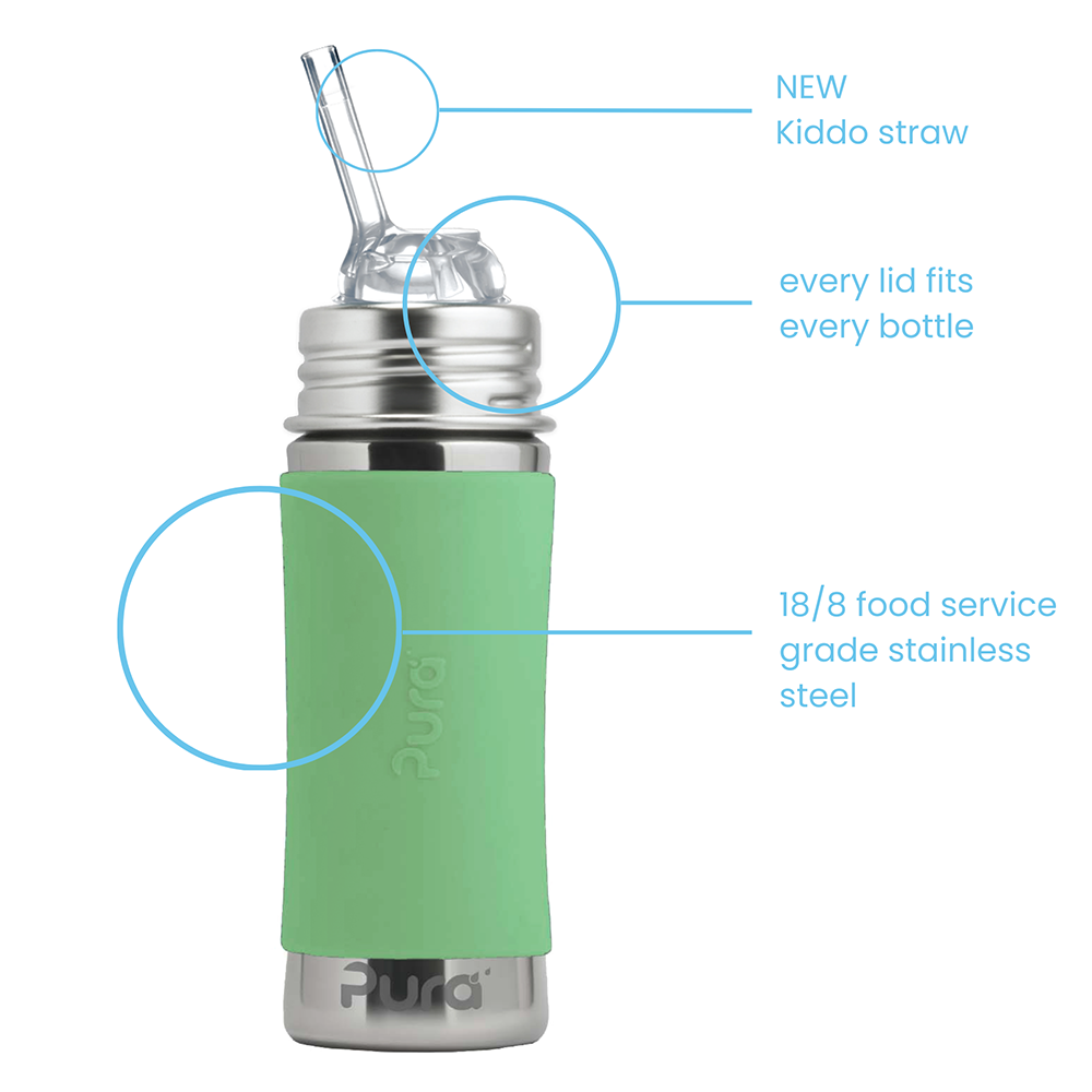 Pura - Kiddo Straw Bottle Stainless Steel with Silicone Sleeve 325 ml, Moss