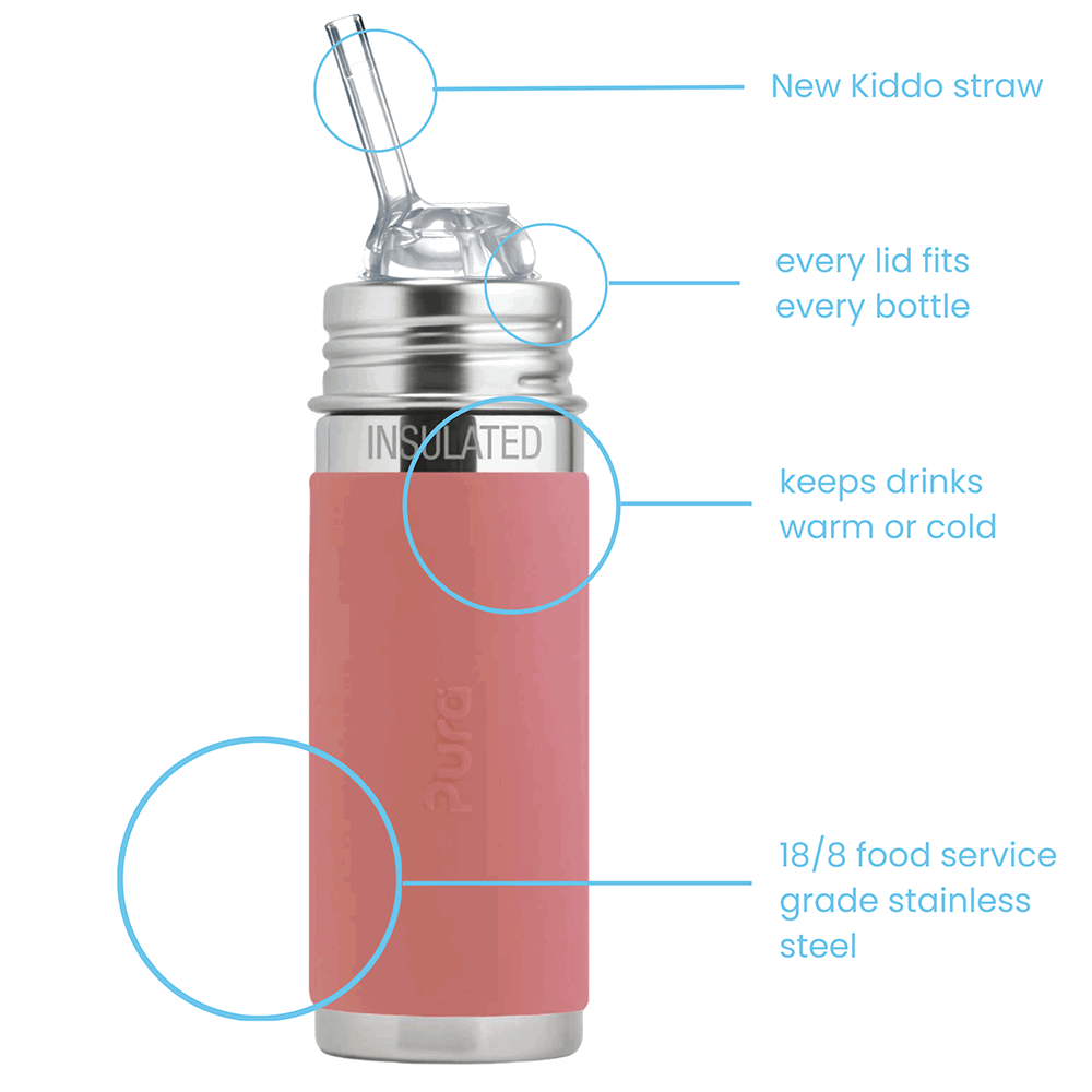 Pura - Isolerad Kiddo Straw Bottle Rostfritt Stål med Silikonhölje 260 ml, Rose