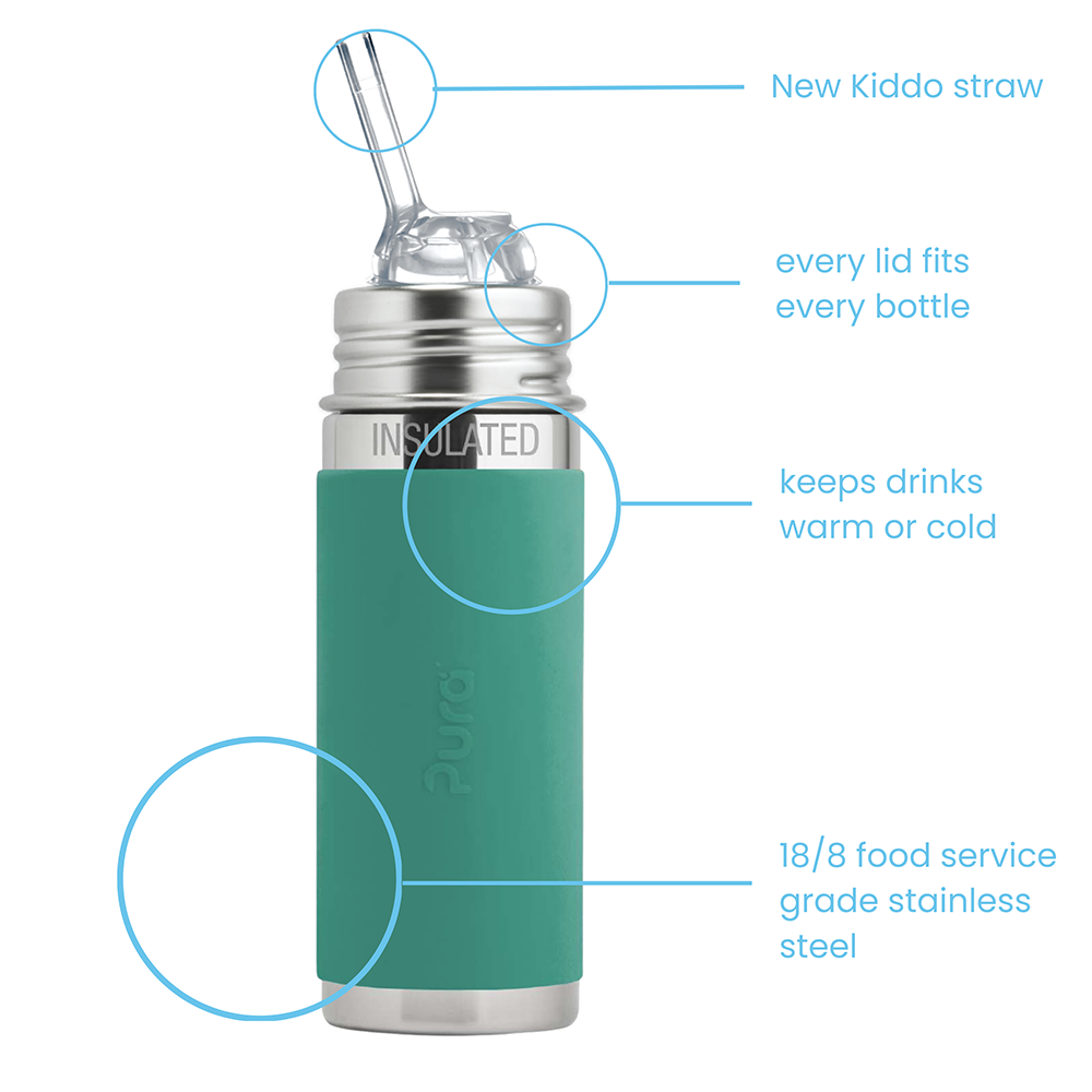 Pura - Insulated Kiddo Straw Bottle Stainless Steel with Silicone Sleeve 260 ml, Mint
