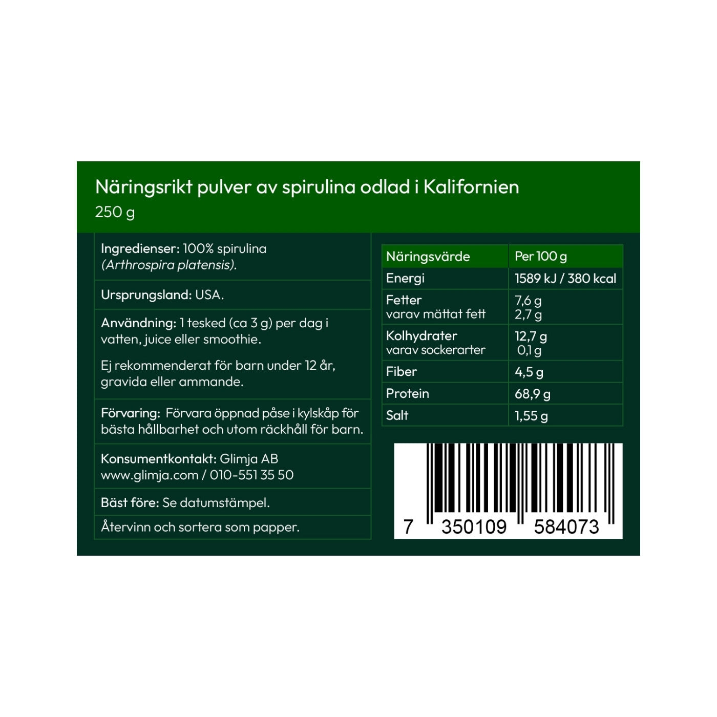 Spirulinapulver fra USA 250 g - Glimja
