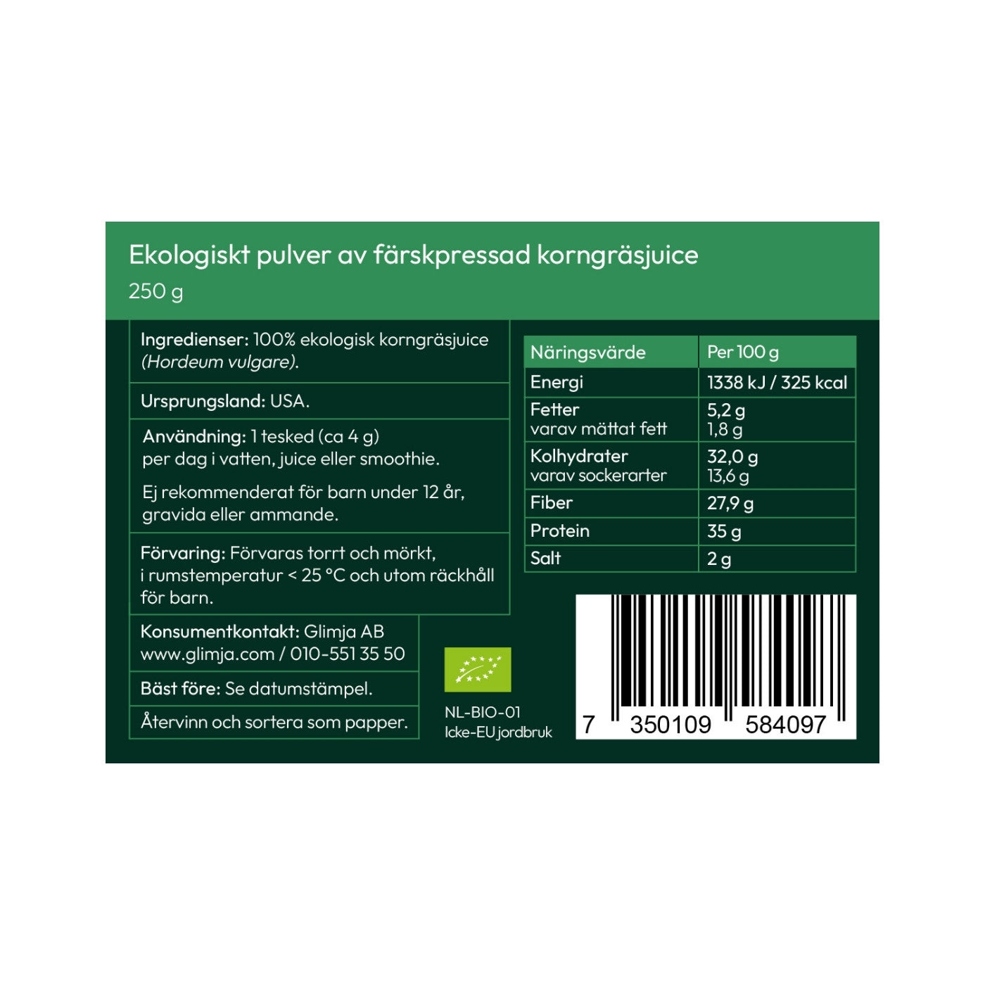 Økologisk Korngræsjuicepulver, 250g - Glimja