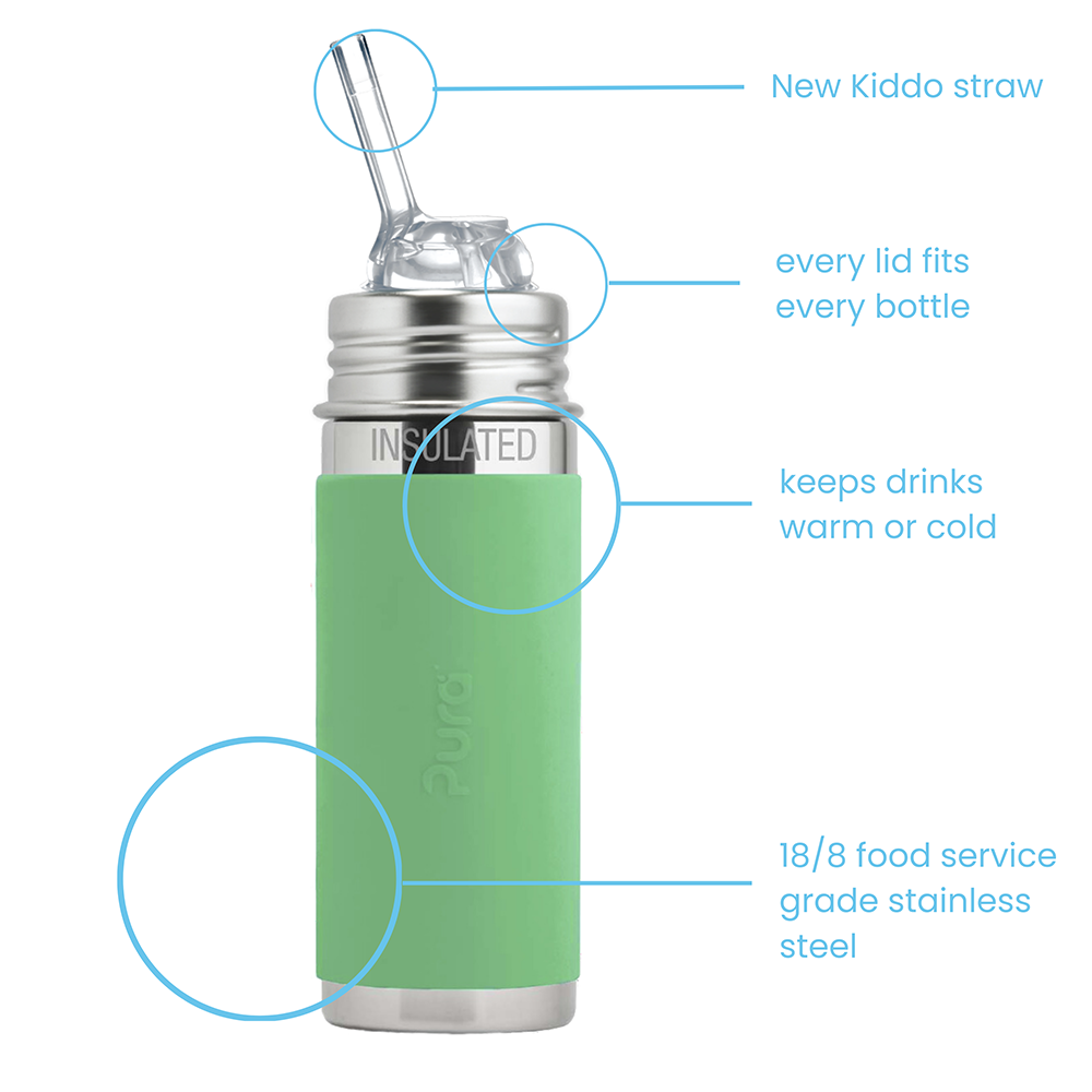 Pura – Insulated Kiddo Straw Bottle Stainless Steel with Silicone Sleeve 260 ml, Moss