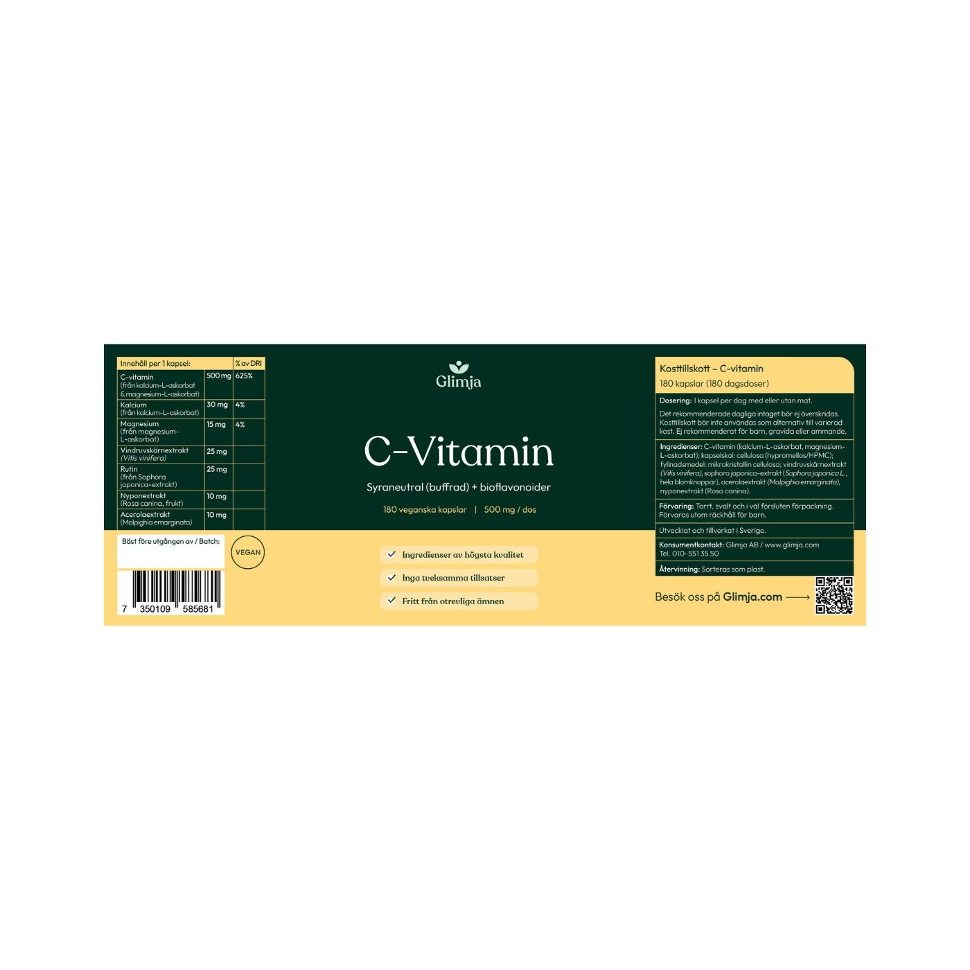 pH-neutral Vitamin C, 180 capsules - Glimja