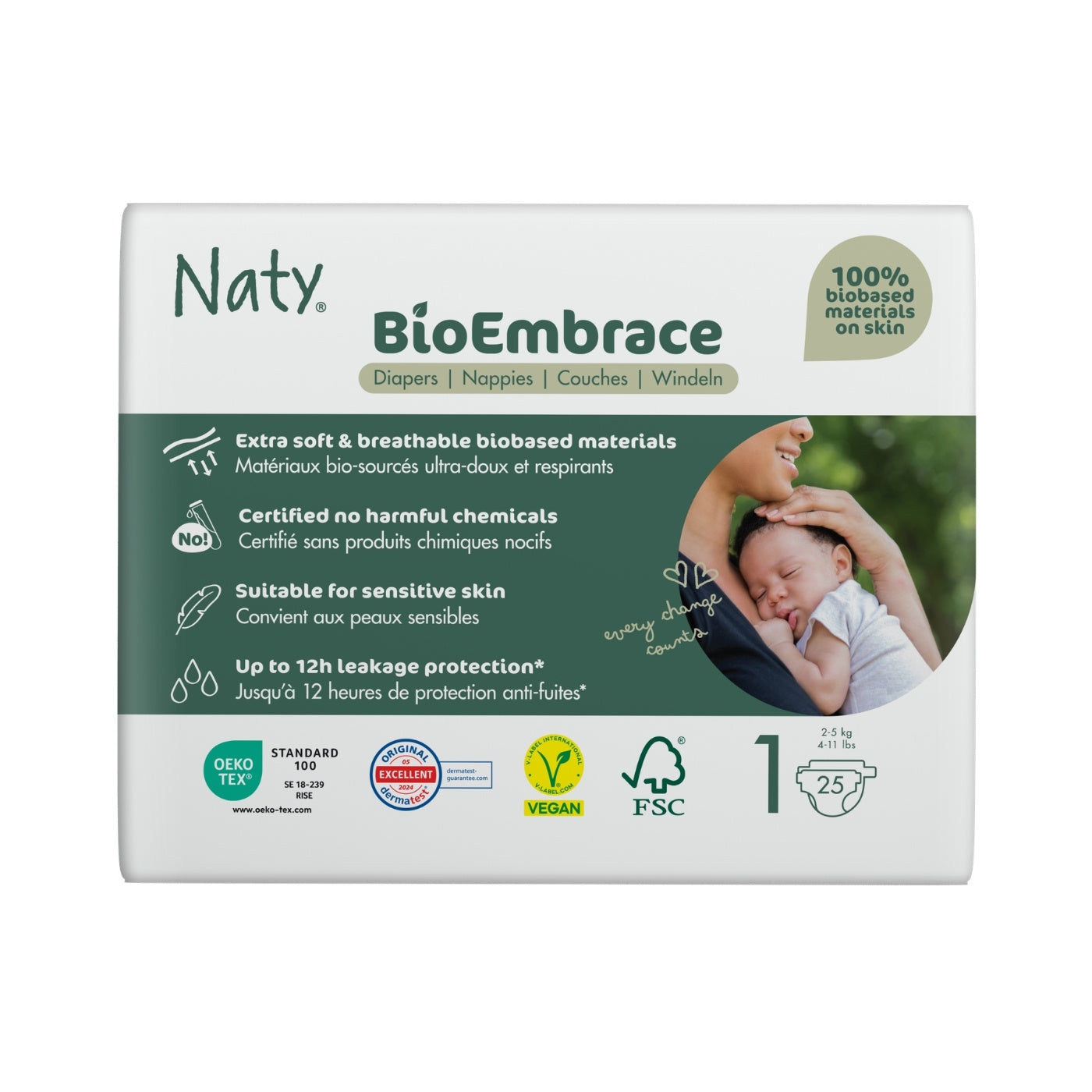 Blöjor BioEmbrace Nyfödd Storlek 1 (2-5 kg) 25 st - Naty