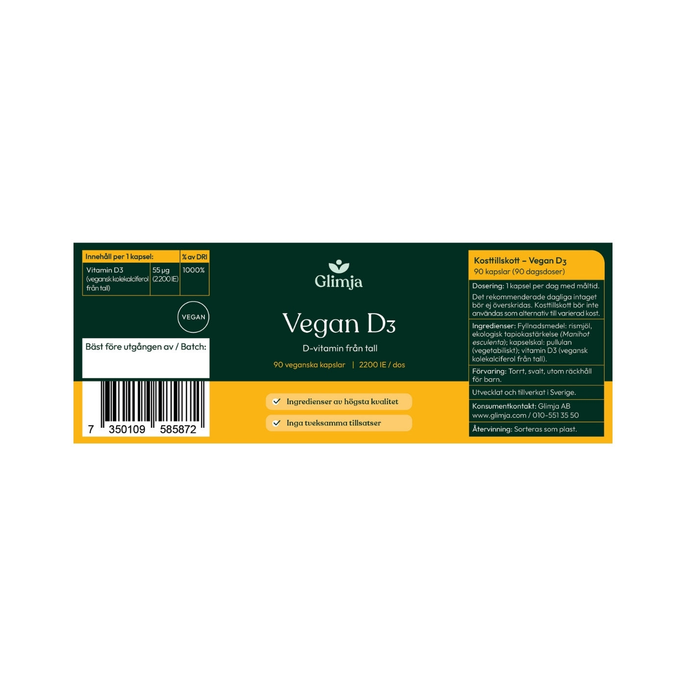 Vegan D3 Vitamin 55 µg 90 kapslar - Glimja
