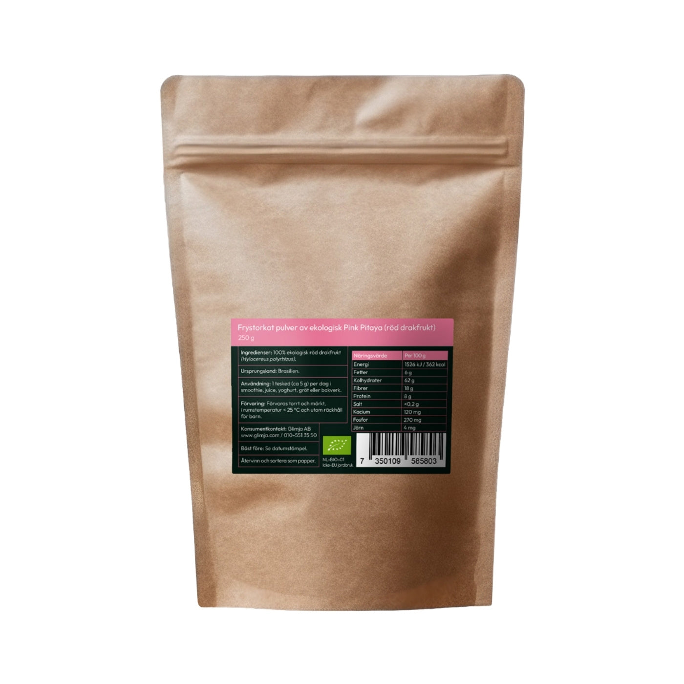 Glimja - Organic Pink Pitaya Powder - Red Dragon Fruit, 250 g