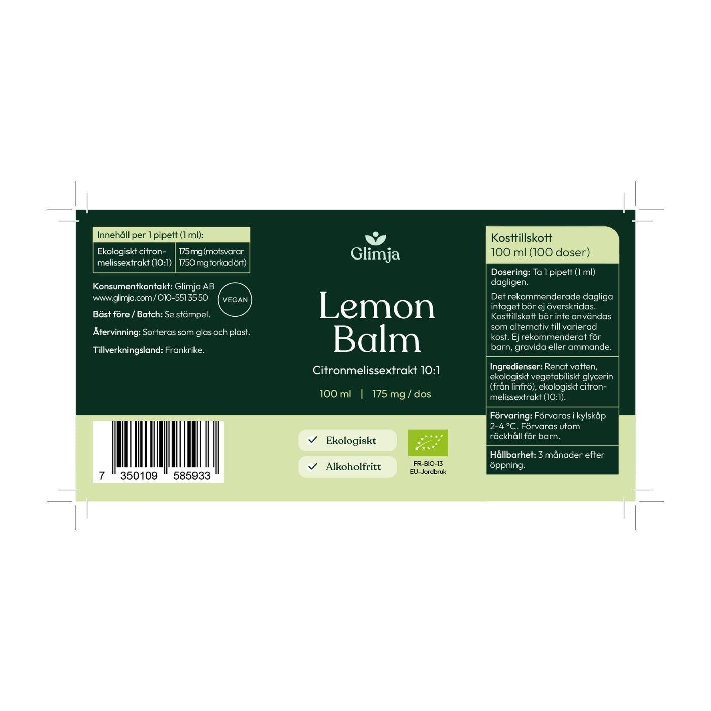 Ekologisk Lemon Balm, 100 ml - Glimja