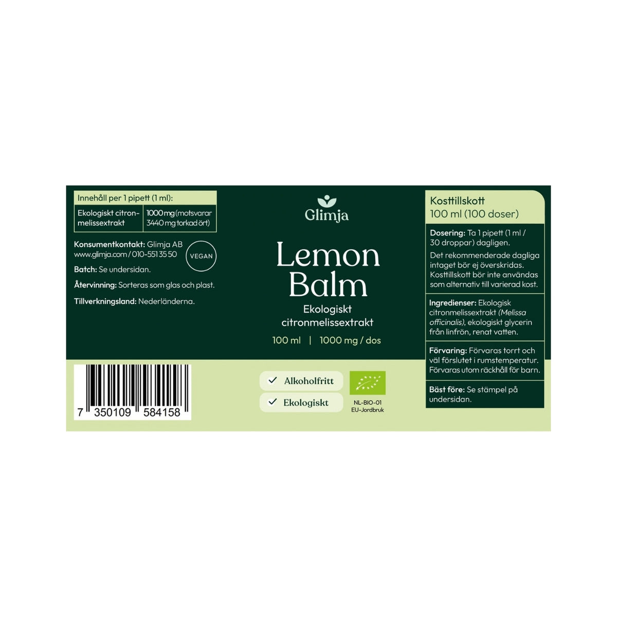 Ekologisk 10:1 Citronmeliss 100 ml - Glimja