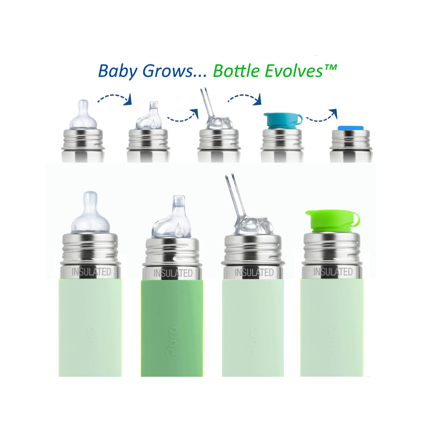 Insulated Stainless Steel Baby Bottle with Silicone Sleeve 260 ml Moss - Pura Stainless