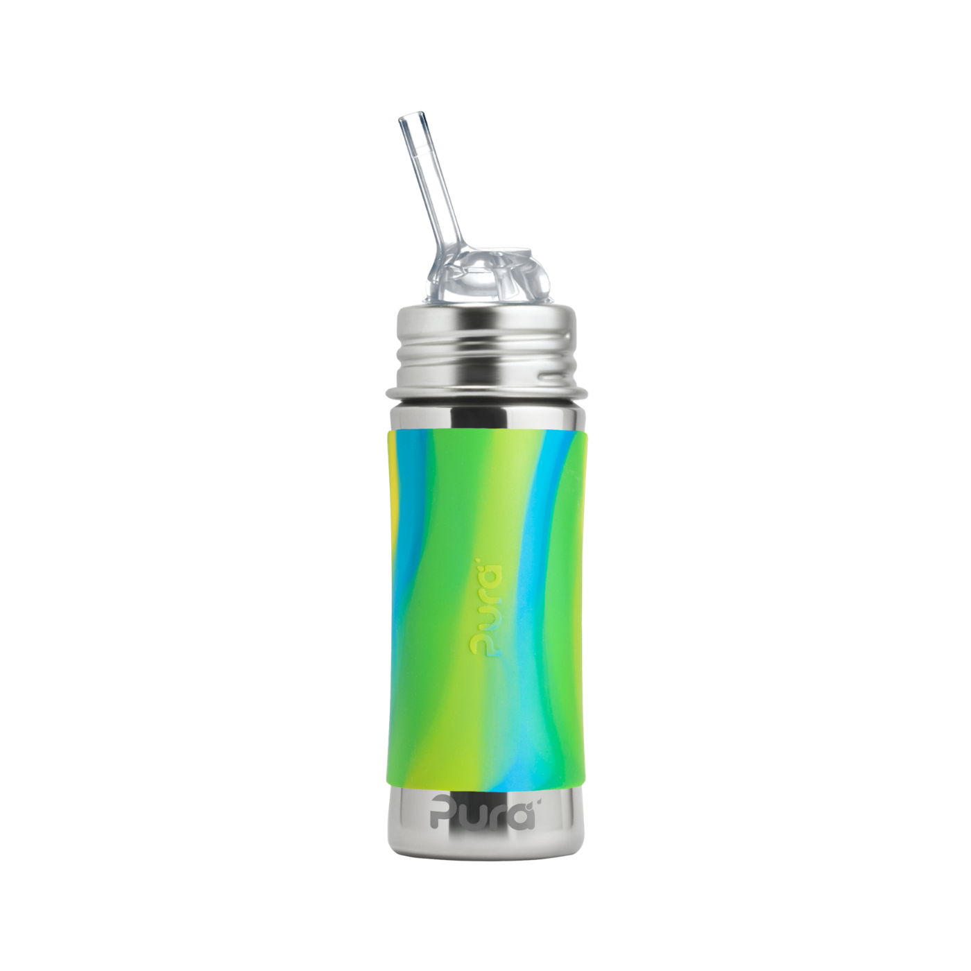 Kiddo Straw Bottle Stainless Steel with Silicone Sleeve 325 ml Aqua Swirl - Pura Stainless