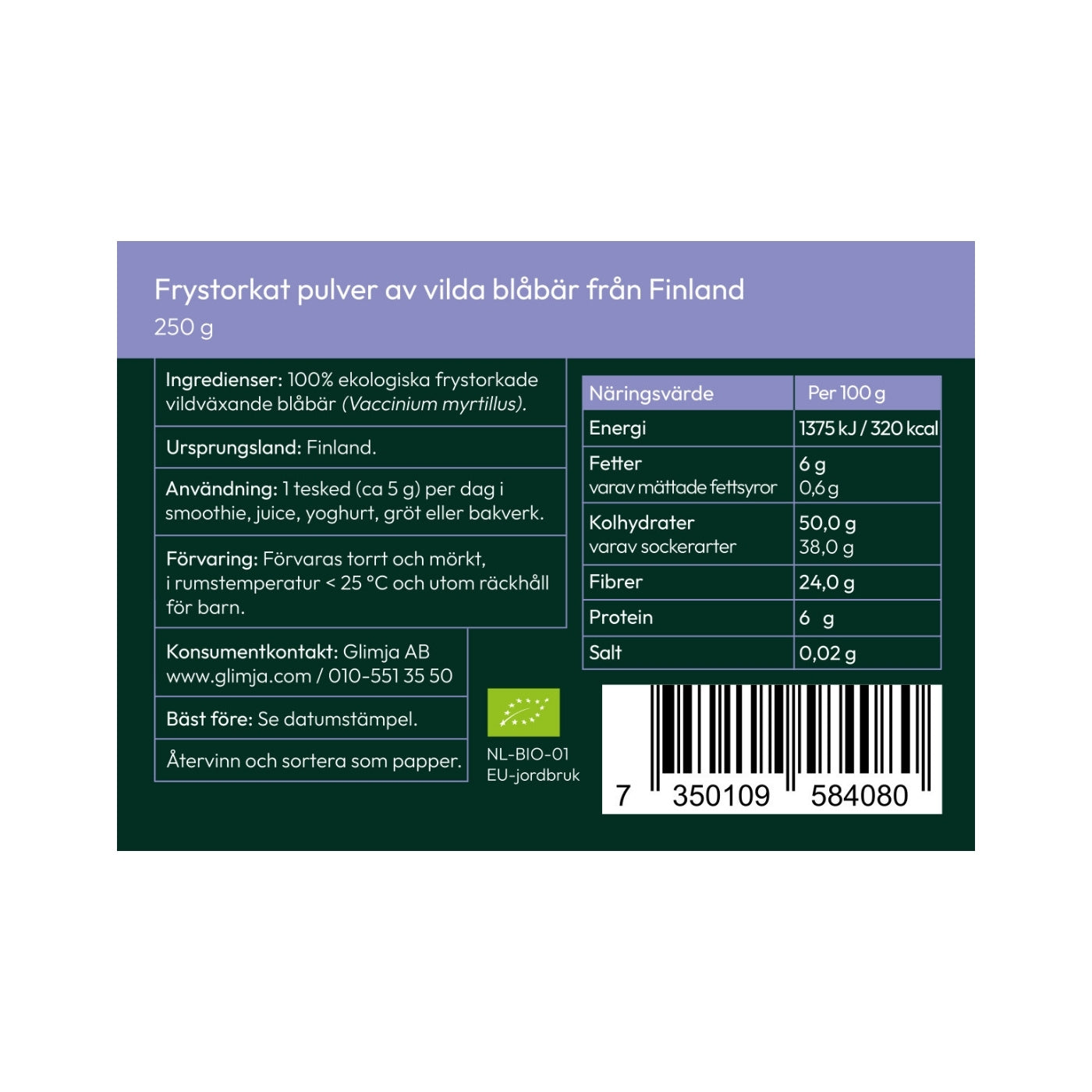 Organic Blueberry Powder 250 g - Glimja