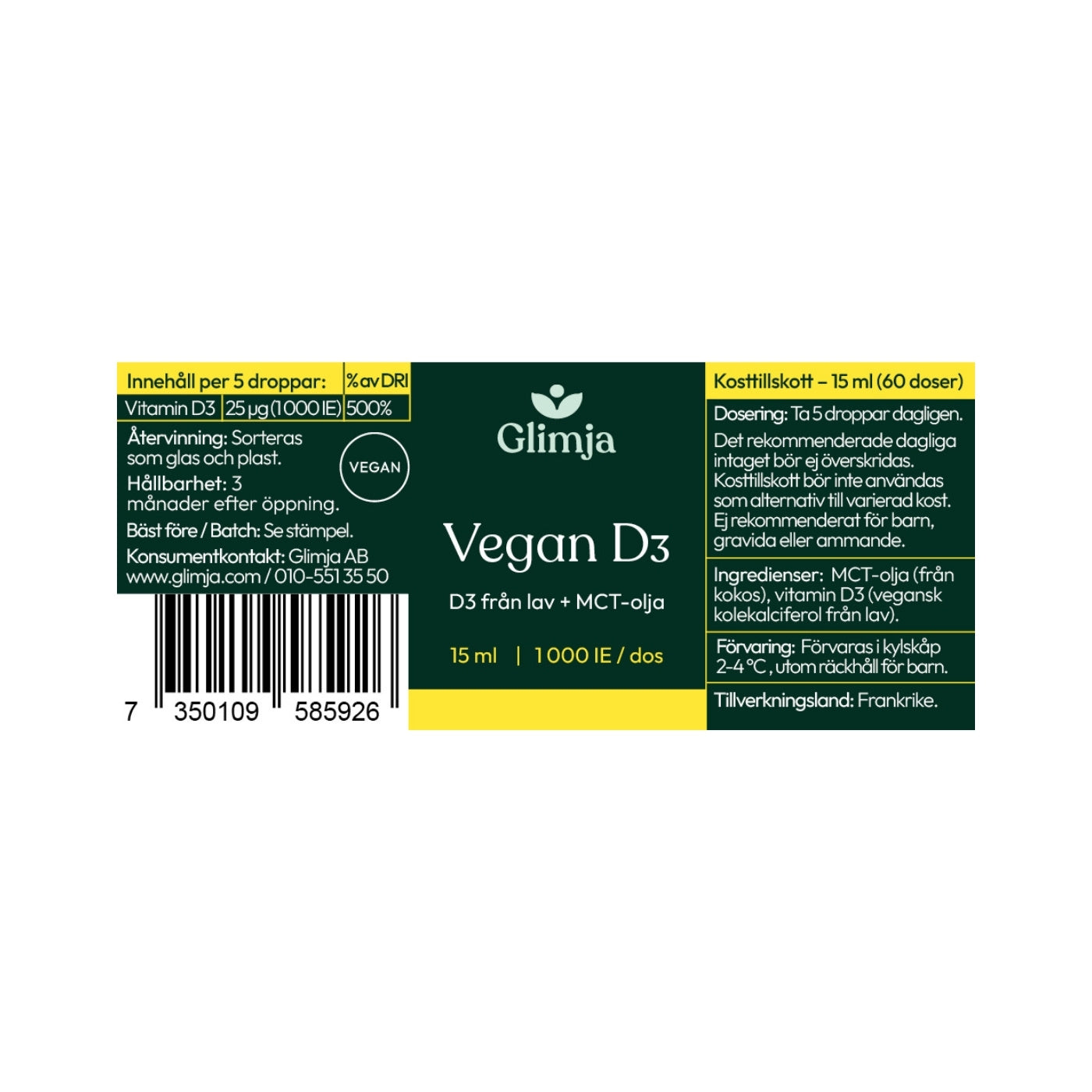 Flytande Vegan D3 Vitamin 15 ml - Glimja