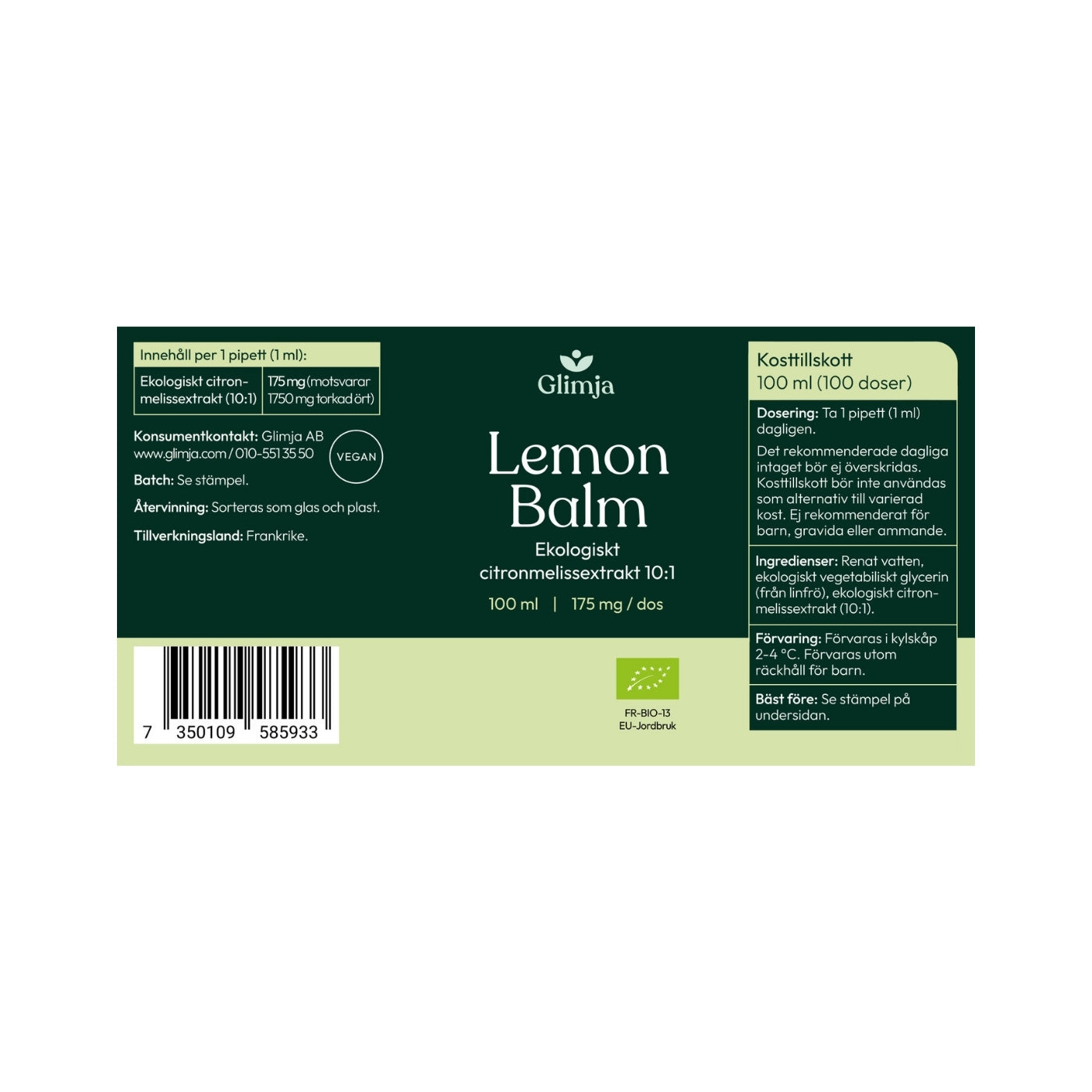 Organic 10:1 Lemon Balm 100 ml - Glimja