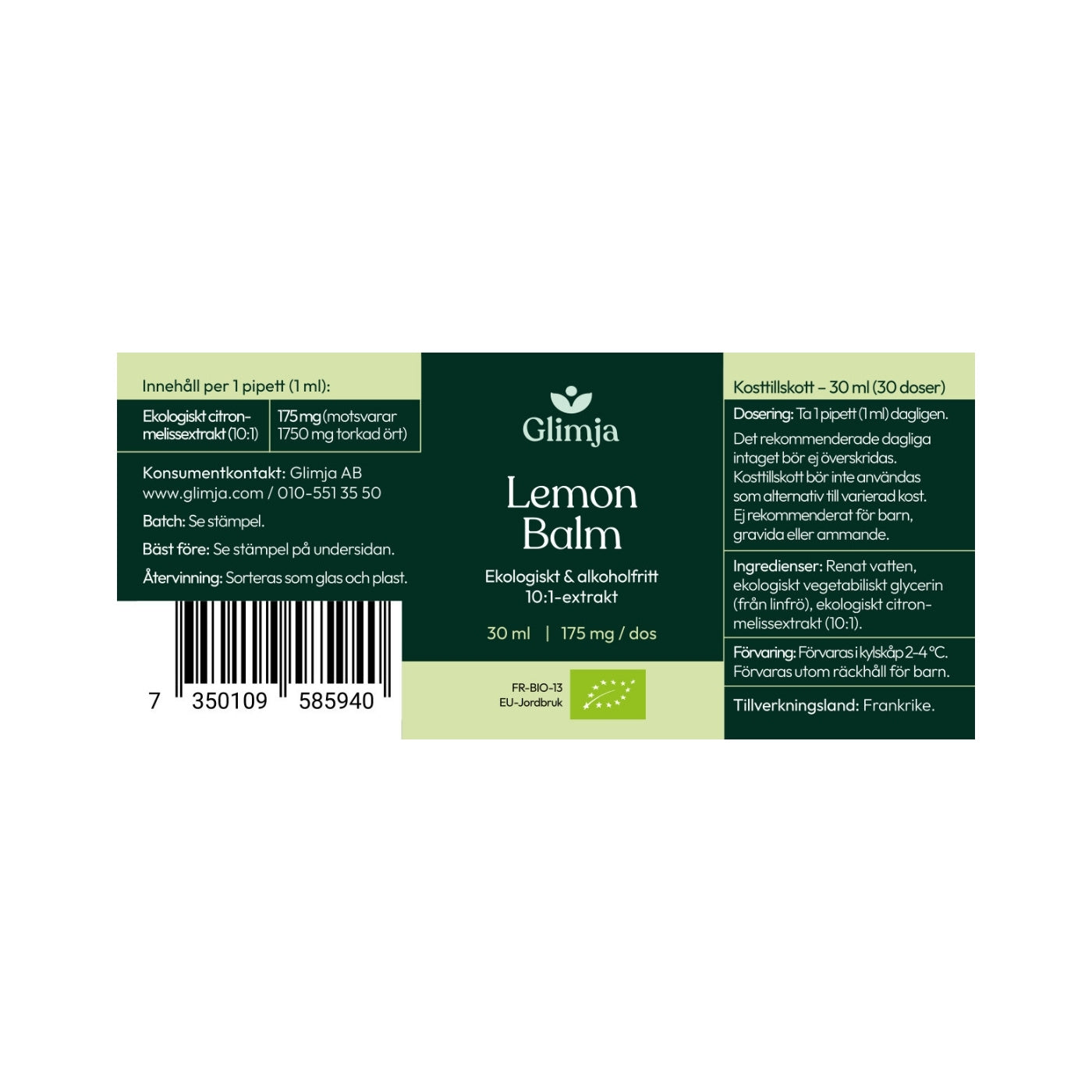 Organic 10:1 Lemon Balm 30 ml - Glimja