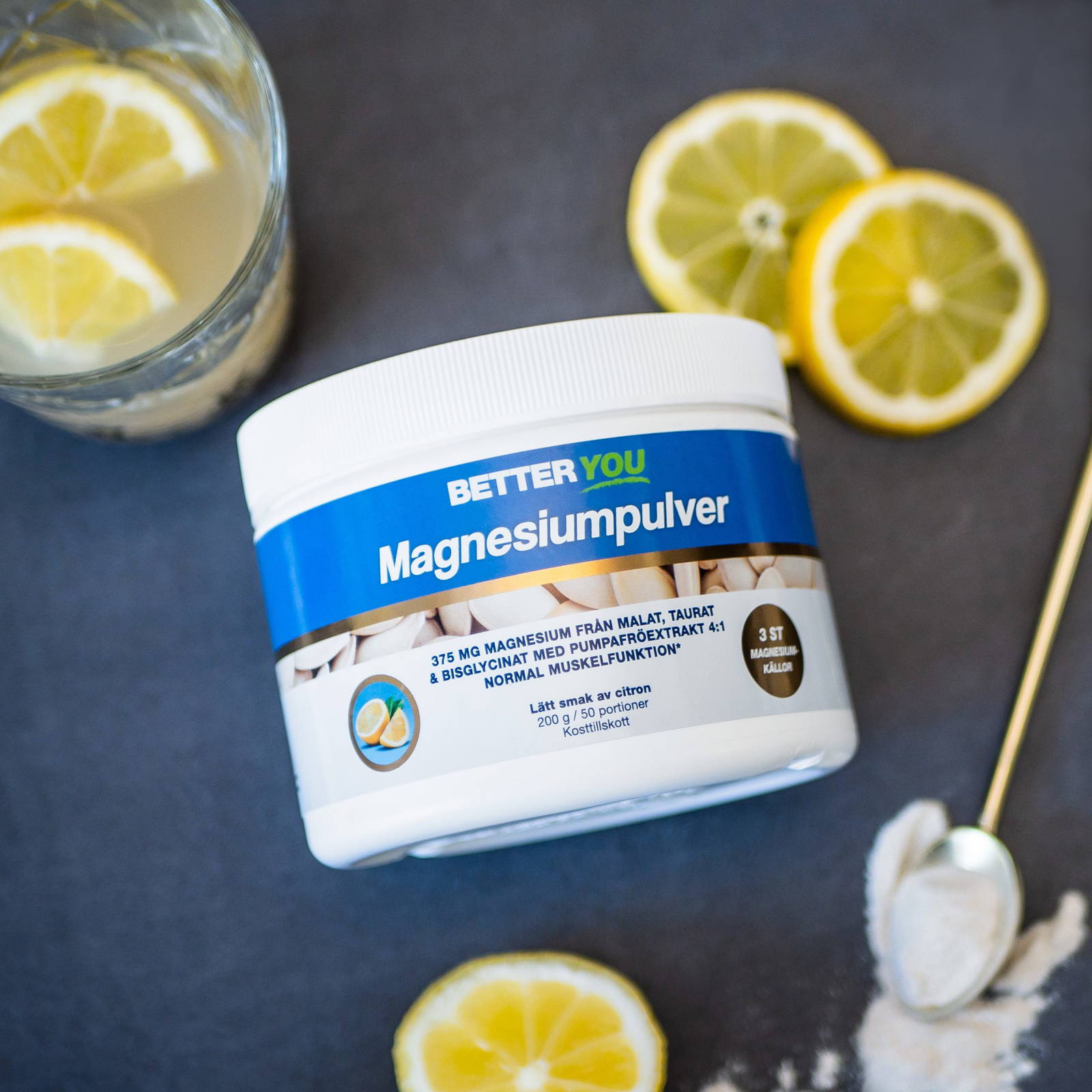 Better You Magnesiumpulver Citron - Malat, Taurat och Bisglycinat, 200 gram