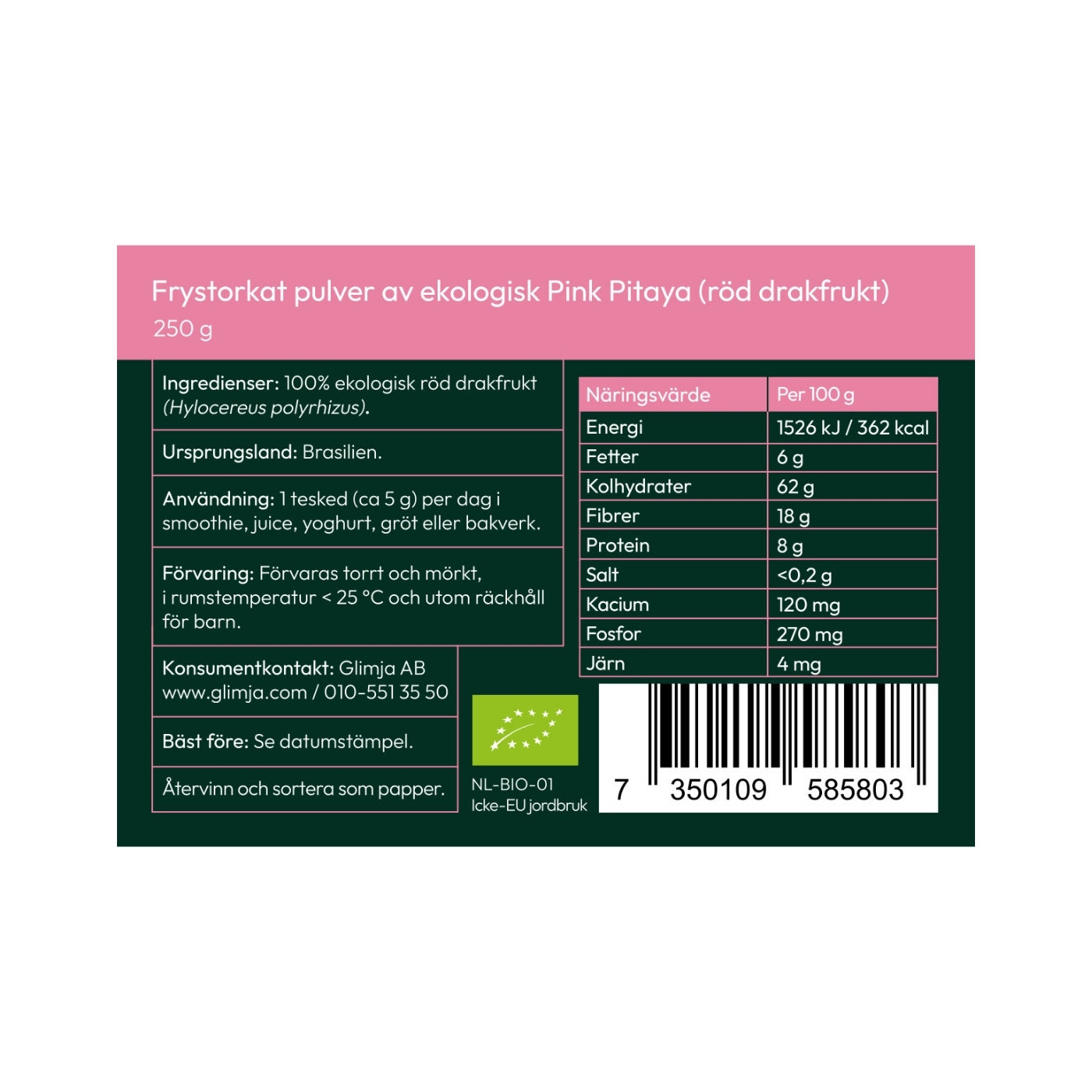 Ekologiskt Pink Pitaya Pulver (Röd Drakfrukt) 250 g - Glimja