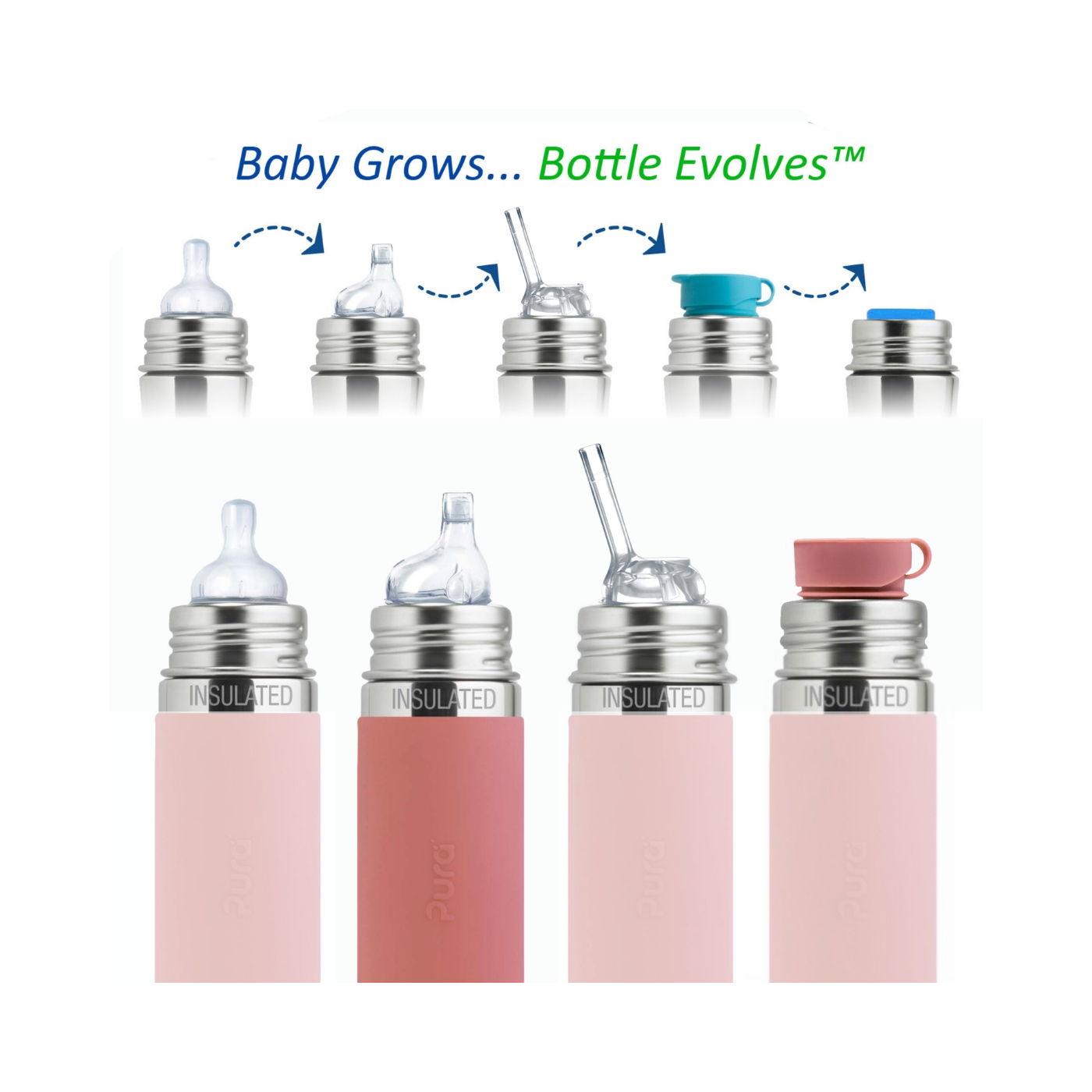 Kiddo Straw Bottle Rostfritt Stål med Silikonhölje 325 ml Rose - Pura Stainless
