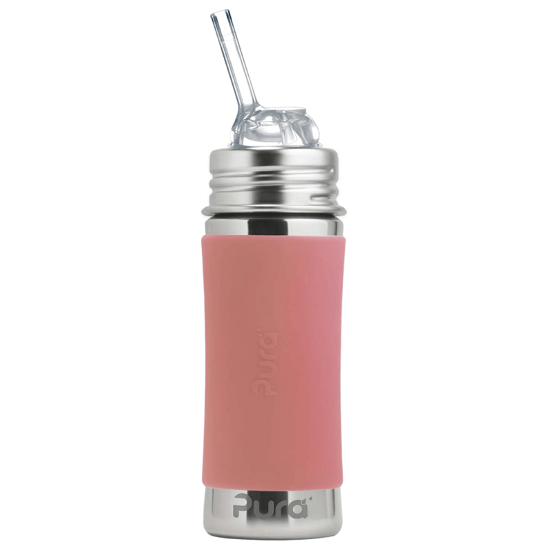 Pura - Kiddo Straw Bottle Rostfritt Stål med Silikonhölje 325 ml, Rose 1