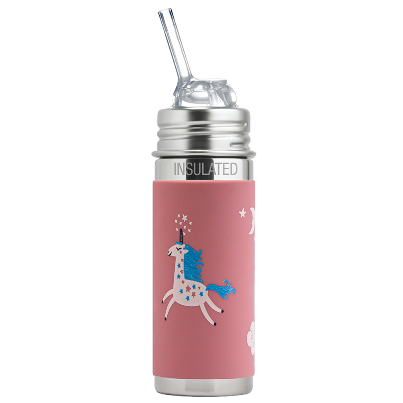 Pura – Isolerad Kiddo Straw Bottle Rostfritt Stål med Silikonhölje 260 ml, Unicorn 1