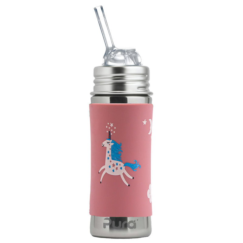 Pura – Kiddo Straw Bottle Rostfritt Stål med Silikonhölje 325 ml, Unicorn 1